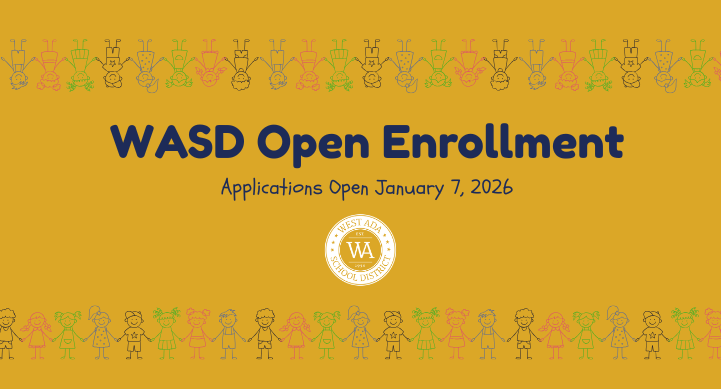 Yellow background with colorful illustrations of children holding hands. Text on image: WASD Open Enrollment, Applications Open January 7, 2026