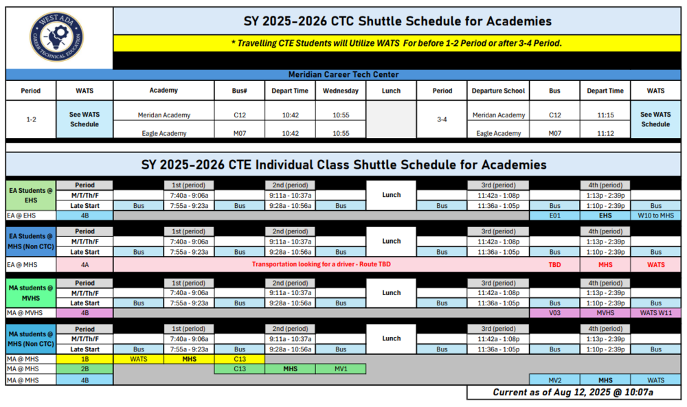 2025-2026 | CTE Shuttle Schedule
