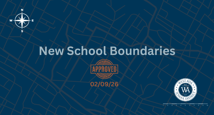 text on image: New School Boundaries, approved 02/09/26; includes WASD circle logo in white on bottom right corner; below logo is a map scale; top left corner has compass rose