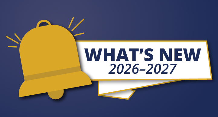 Bell icon with text in ribbon: "what's new 2026-27"