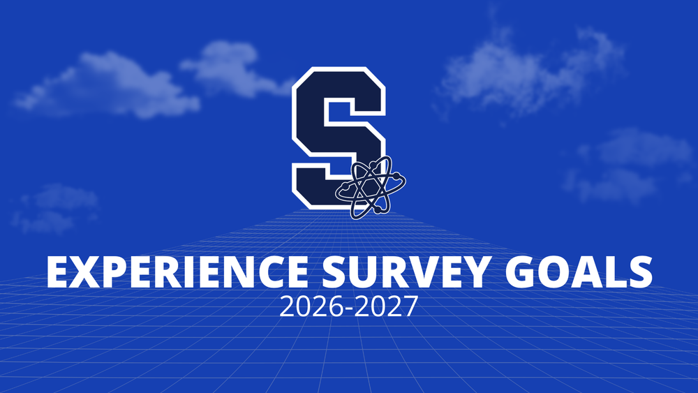 S floating on a sky background with clouds. TEXT says "Experience Survey Goals 2026-2027"