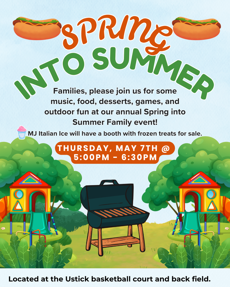 hot dogs, bbq, playground structure, foliage, text reads: spring into summer; Thursday, May 7 from 5-6:30pm