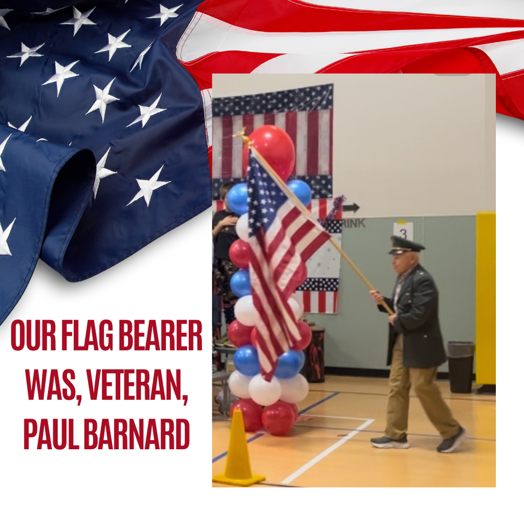 Picture: American Flag background. Picture of a Veteran carrying the American Flag into the room. Red, white, and blue balloons and a stars and stripes background are behind them. Text: Our Flag Bearer was, Veteran, Paul Barnard.
