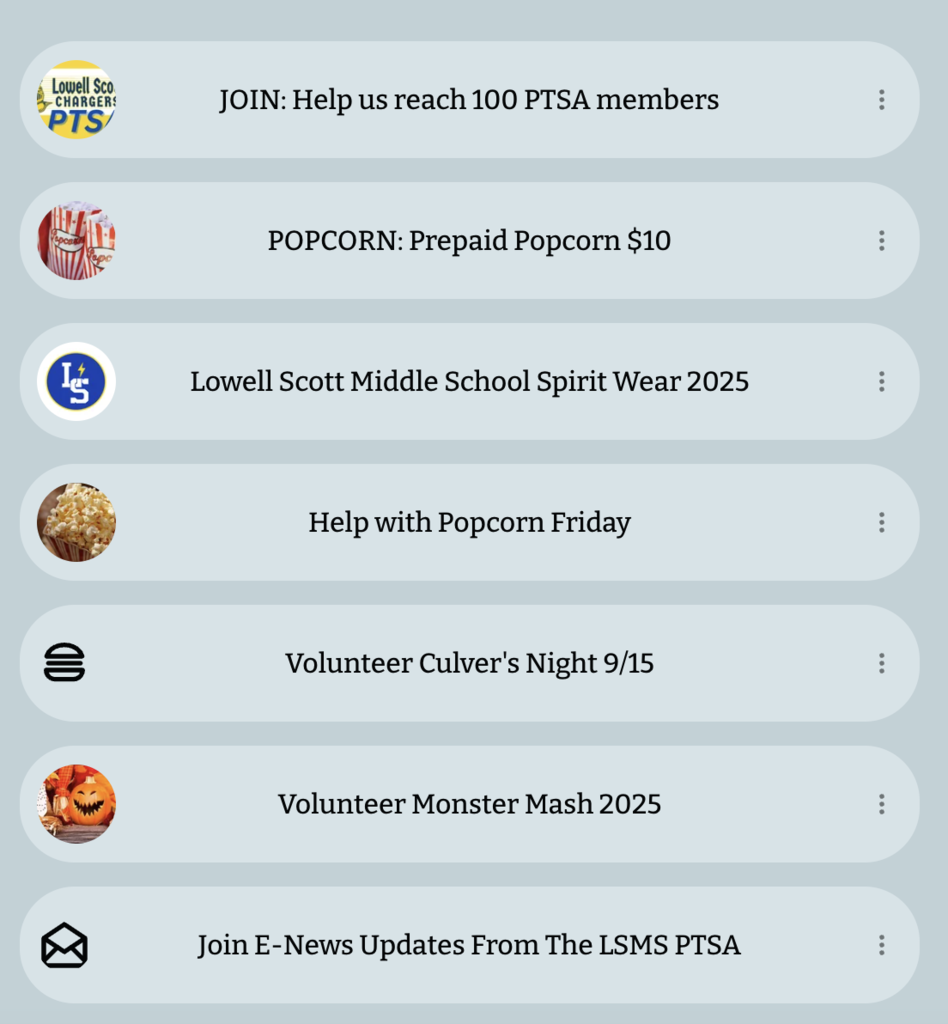 Options for the link tree when visiting website for LSMS PTSA