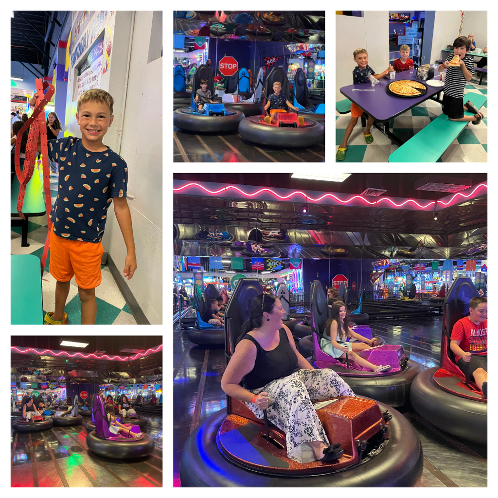 photo collage of kids and adults, including Ms. Rutan, at pojos. Photos include bumper cars, eating pizza, and student with tickets from playing games.
