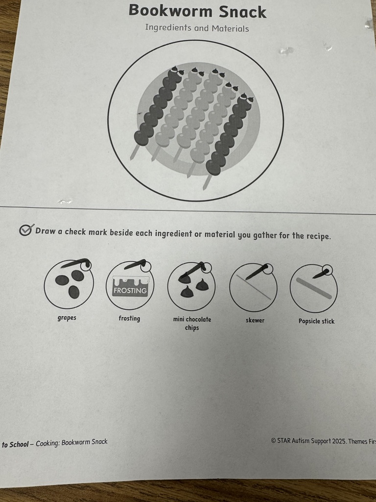 instructions and ingredients for creating a bookworm snack with grapes, frosting, chocolate chips and a skewer