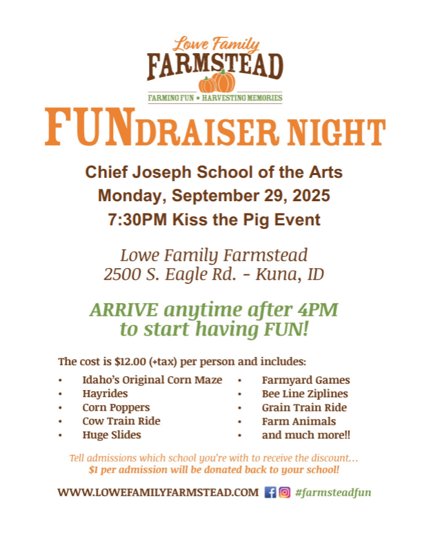 An image providing details about Farmstead night on Septer 29th. The details include a cost of $12 per person and that $1 of each of the $12 is donated back to our school