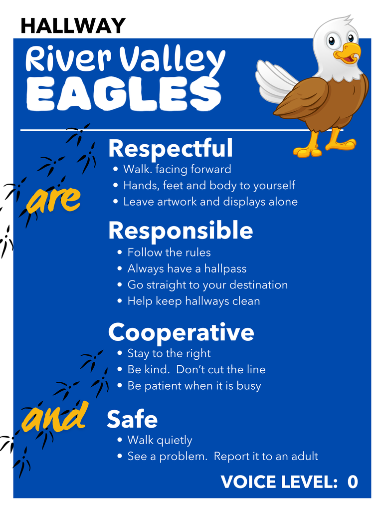 Hallway River Valley Eagles Respectful Wlk, facing forward Hands, feet and body to self Leave srtwork and displays alone Respnsible Follow the rules Always have a hall pass go straight to your destination  Help keep hallways clean Cooperative Stay to the right Be kind, do't cut the line Be patient when it is busy Safe  Walk quietly See a problem? Report it to an adult Voice level 0