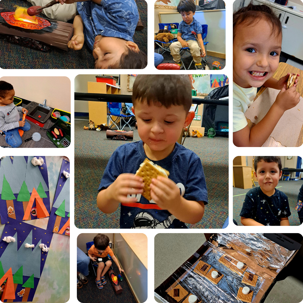 photo collage of preschoolers eating s'mores, "roasting" hot dogs over a pretend campfire, camping craft, and solar s'mores
