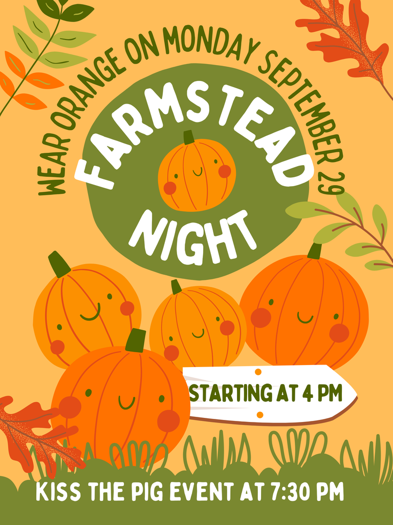 image of pumpkins and leaves advertising the Chief Jo Farmstead Night on September 29th and telling readers to wear orange.