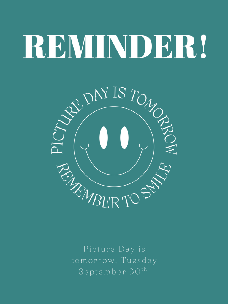 A graphic showing a smiley face with a reminder that picture day Tuesday September 30th. 
