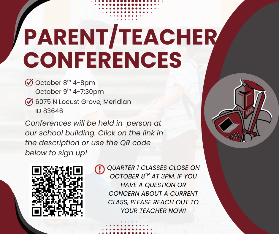 Parent Teacher Conferences October 8th from 4-8pm and October 9th from 4-7:30pm. Held in-person at our school building.
