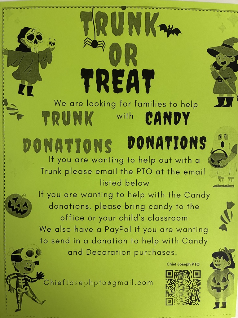 An image of a green flyer requesting donations for Trunk or Treat and a QR code for Venmo.