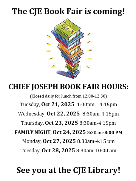 An image advertising the Fall Book Fair at Chief Joseph Elementary from October 21- October 28 with a stack of books