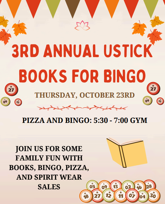bingo numbers and decorative triangles in red, orange, green, brown. Books for Bingo