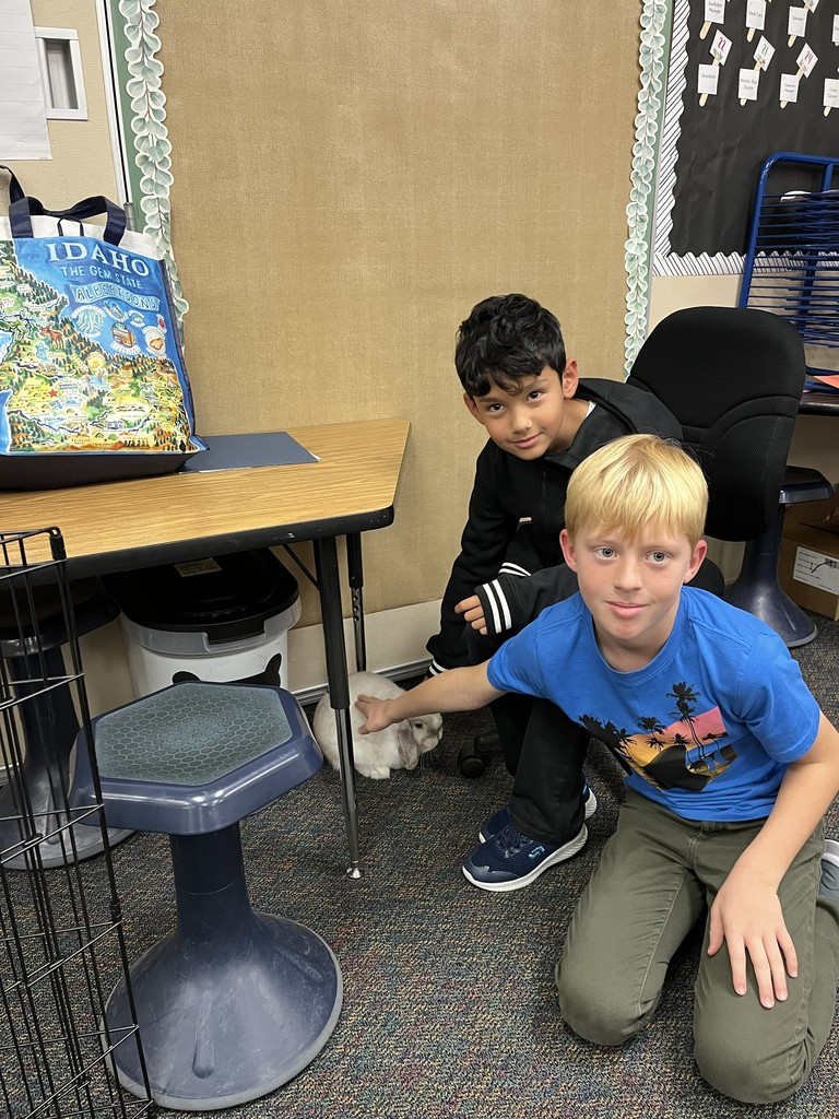 4th grade students petting the bunny