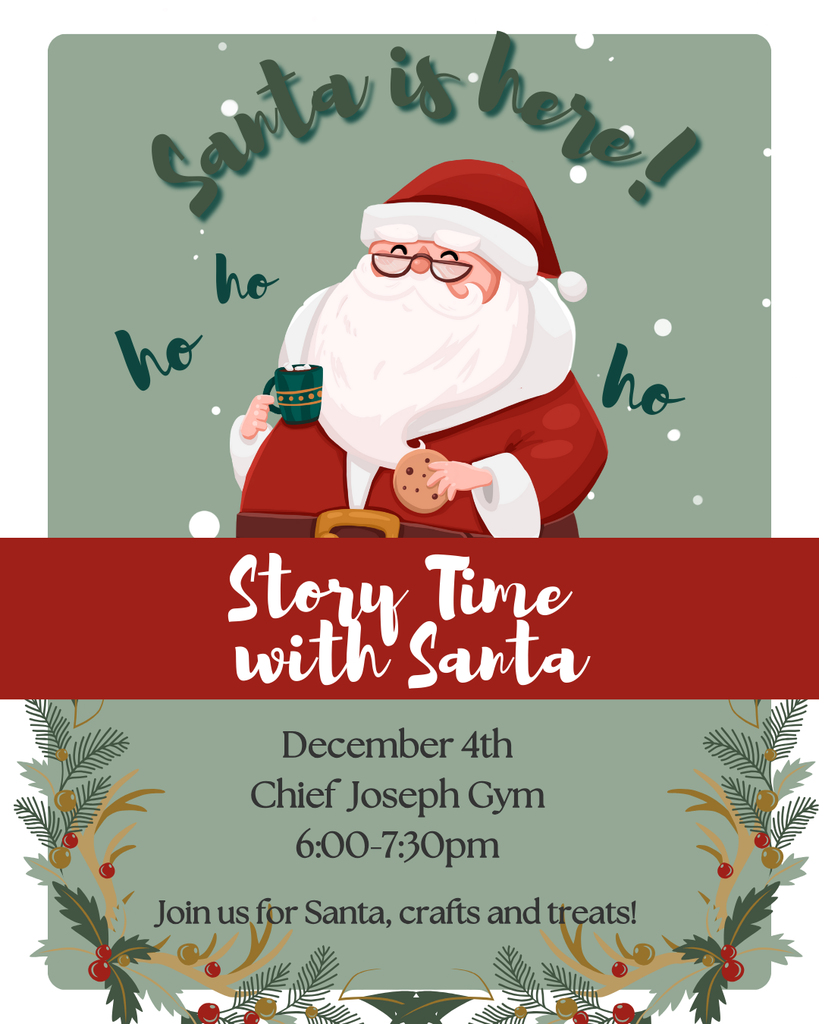 an image advertising the story time with Santa event at Chief Jo On December 4th from 6-7:30 with an image of Santa.