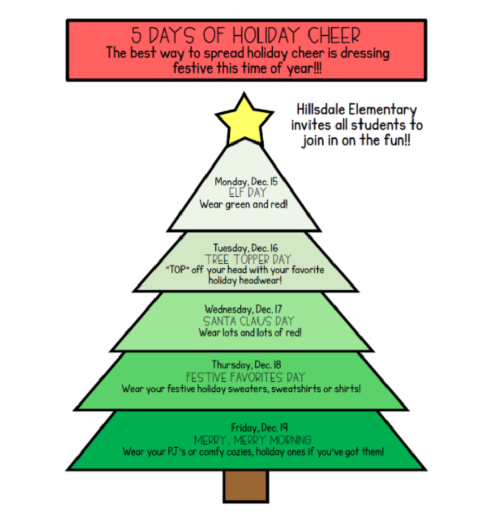 % days of holiday cheer dress up days Dec. 15-19th