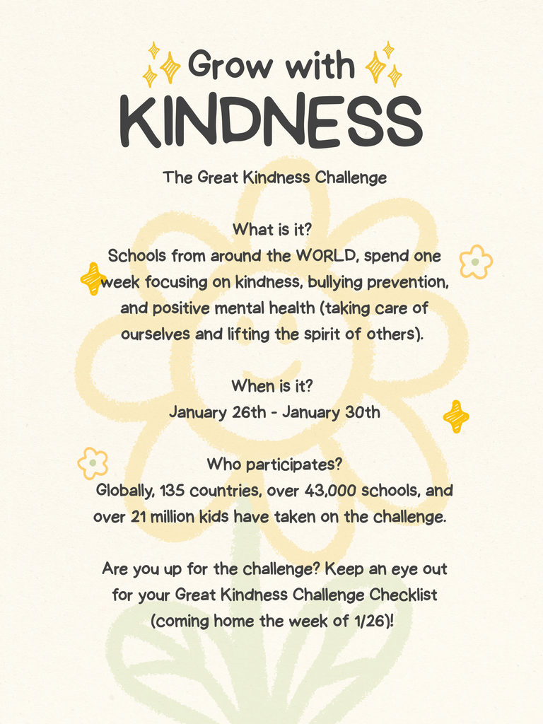 An image with a flower showing information about the great kindness challenge starting January 26th
