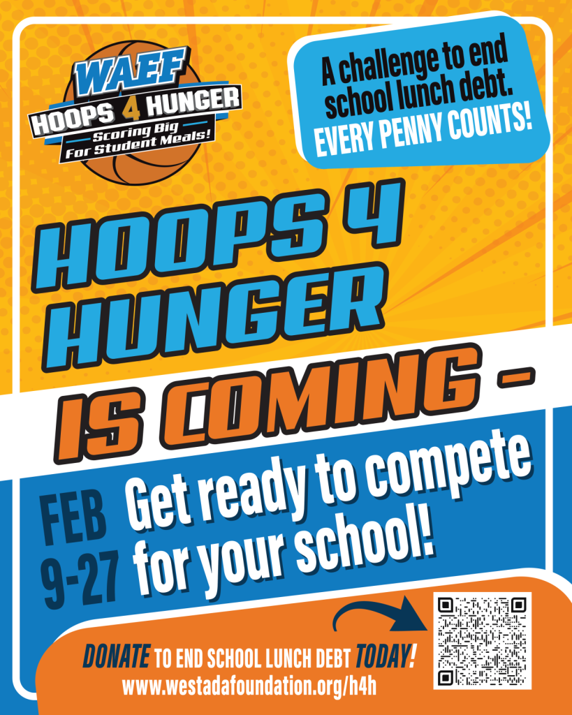 Hoops for Hunger flyer. This is a challenge to end school lunch debt. Visit westadafoundation.org/hrh to donate