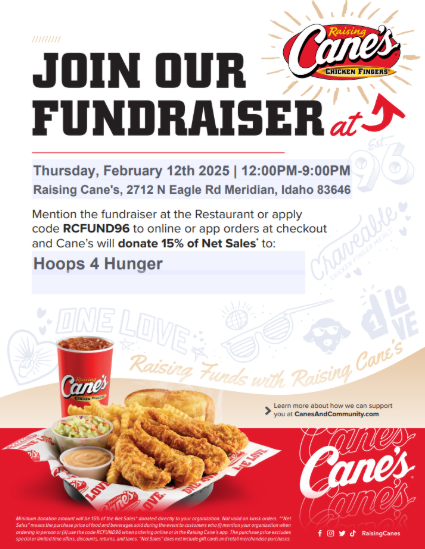 An image describing the Raising Canes fundraiser for Hoops for Hunger on Thursday February 12th.