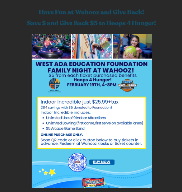 An image describing the Hoops 4 Hunger fundraiser at Wahooz. $5 of every ticket purchased Thursday Feb 19th between 4-8 PM goes to Hoops 4 Hunger!