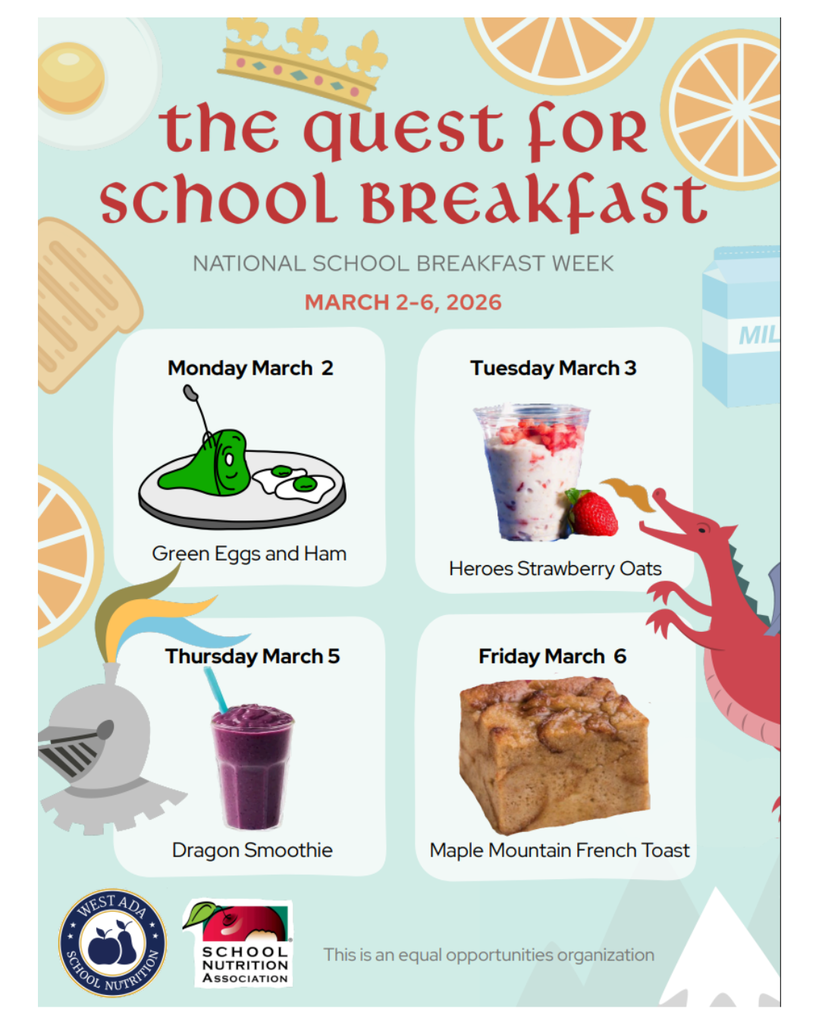 National School Breakfast Week March 2-6. Breakfasts: green eggs & ham, Strawberry Oats smoothing, dragon smoothie, and maple mountain french toast