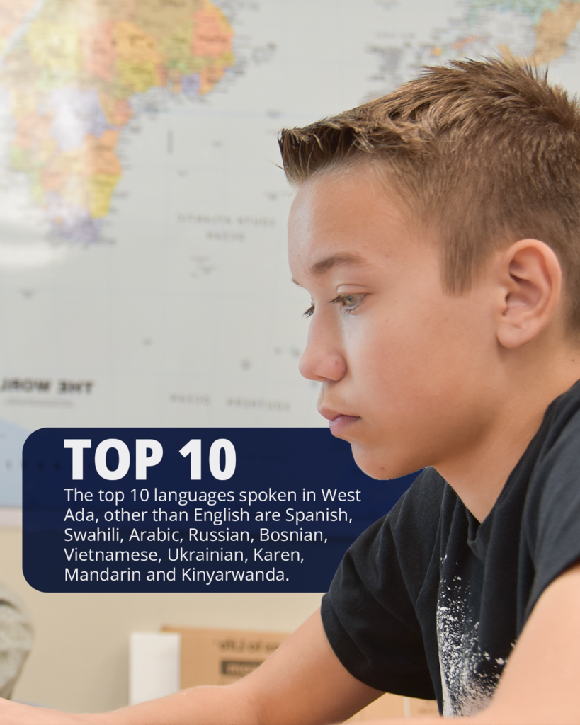 The top 10 languages spoken in West Ada, other than English are Spanish, Swahili, Arabic, Russian, Bosnian, Vietnamese, Ukrainian, Karen, Mandarin and Kinyarwanda.