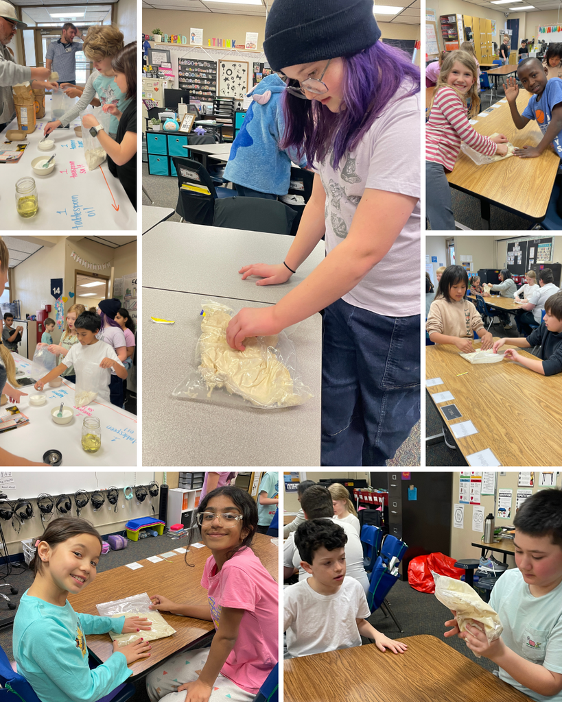 photo collage of kids making and mixing their bread dough