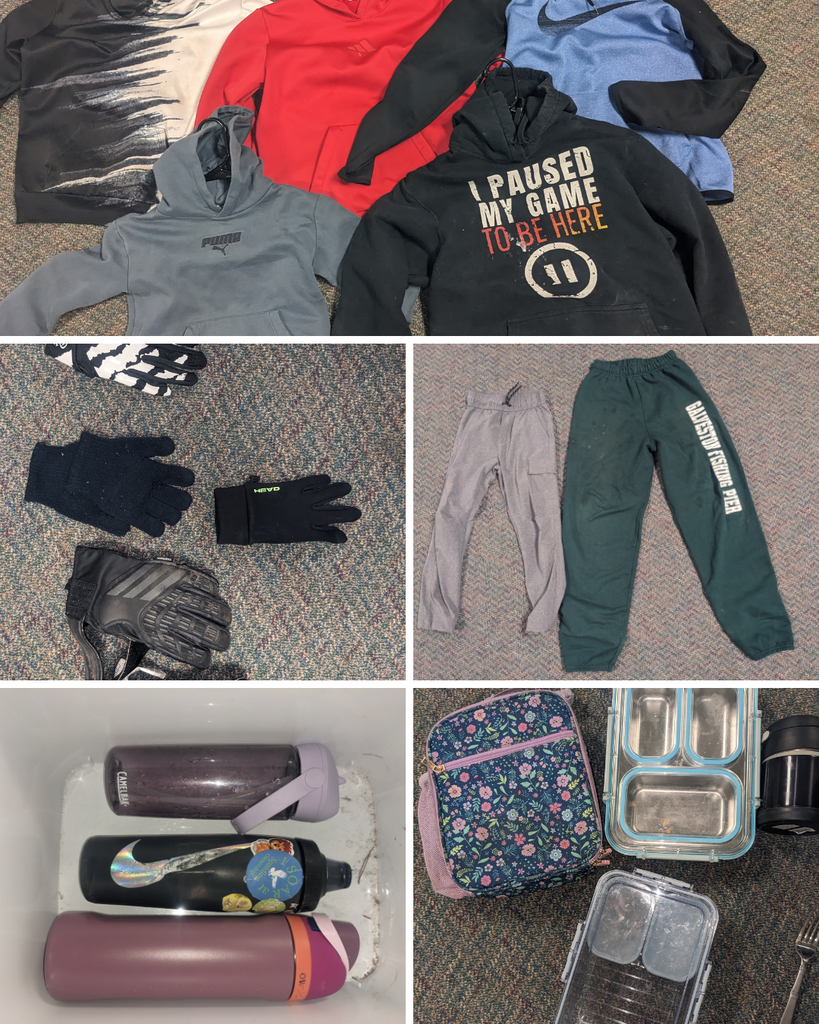 waterbottles, lunch boxes, gloves, pants will be donated 3/27