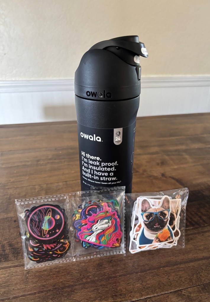 possible prizes: Owala water bottle and stickers
