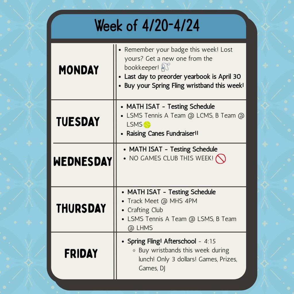 LSMS Weekly Planner of Events and Activities