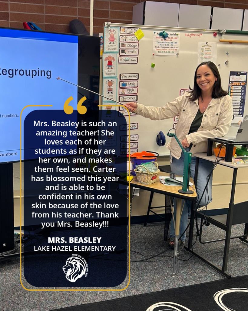 Mrs. Beasley is such an amazing teacher! She loves each of her students as if they are her own, and makes them feel seen. Carter has blossomed this year and is able to be confident in his own skin because of the love from his teacher. Thank you Mrs. Beasley!!!