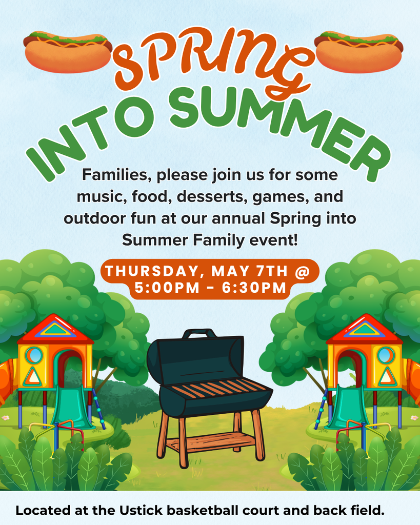 hot dogs, bbq, playground structure, foliage, text reads: spring into summer; Thursday, May 7 from 5-6:30pm