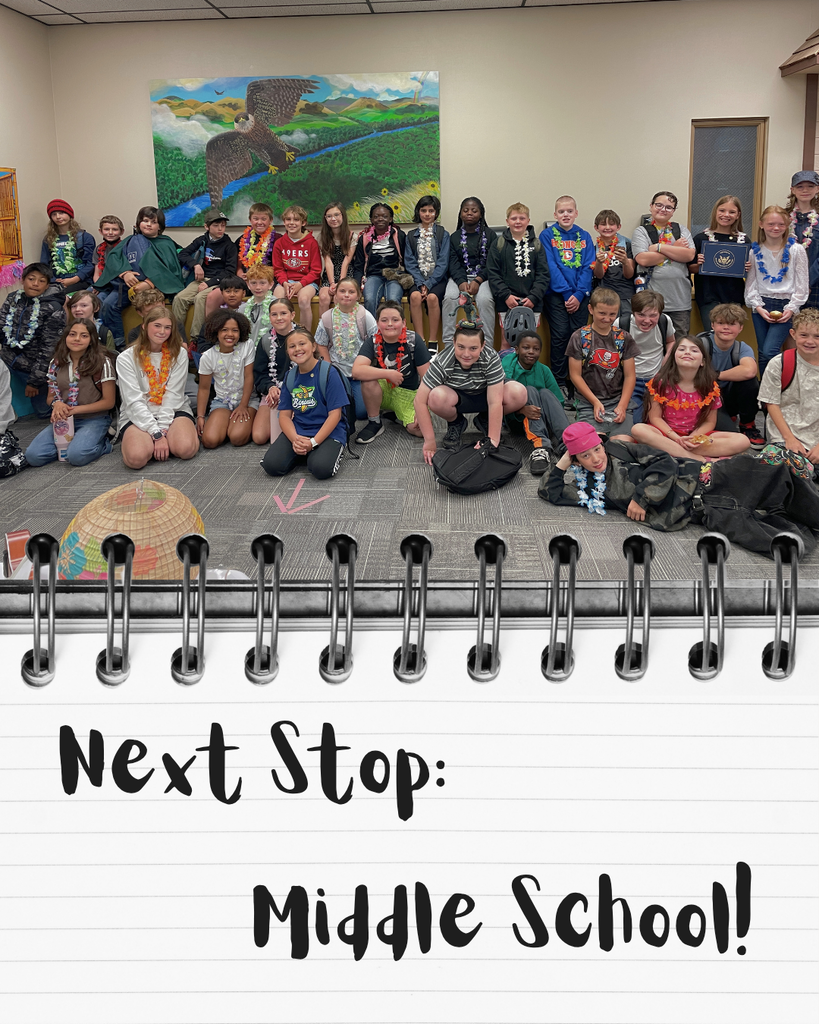 Image of 5th graders as a group with text reading, "Next Stop: Middle School!"