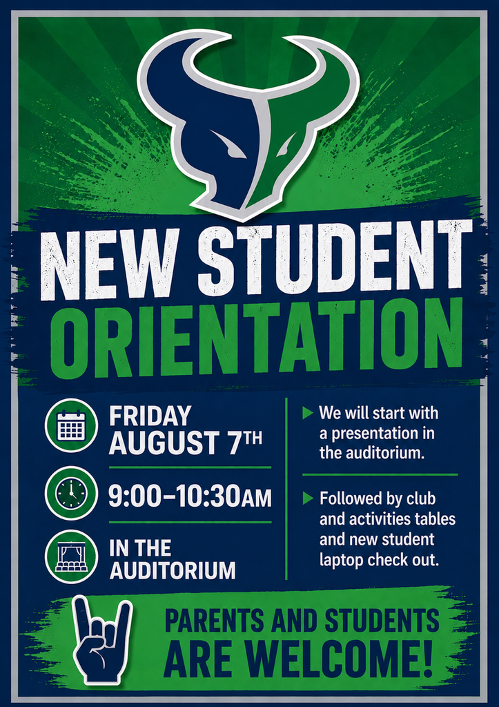 New student orientation is Friday, August 7th from 9:00-10:30 AM in the auditorium. This will be followed by time to explore clubs and activities and visit the library for laptop checkout.