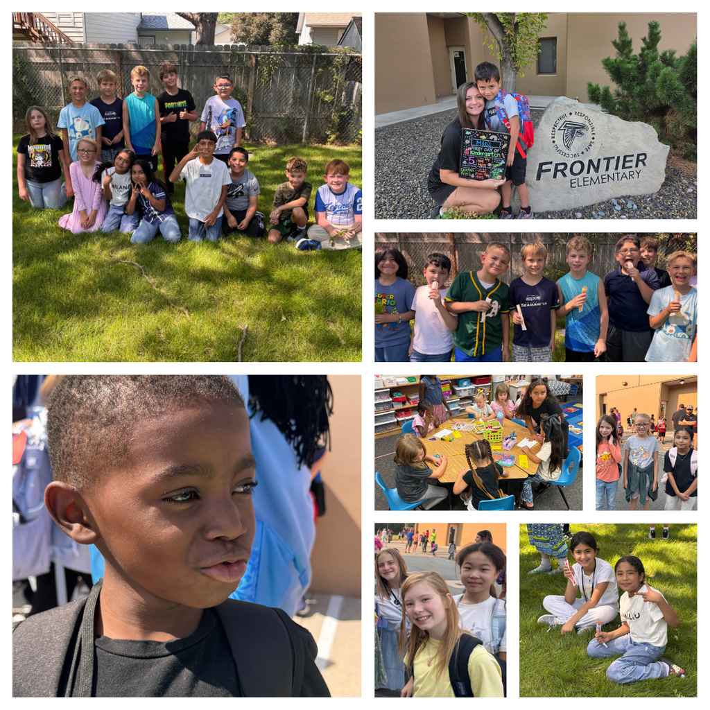 A collage of photos from the first weeks of school at Frontier Elementary. Students smile and pose with classmates outside, enjoy treats together, work on activities in the classroom, and spend time with friends. One photo shows a student and parent posing beside the Frontier Elementary sign on the first day of kindergarten.