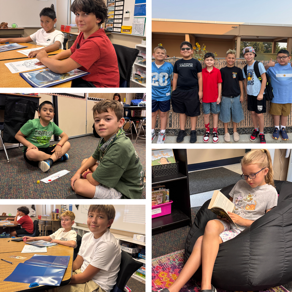 A collage of Frontier Elementary students settling into the new school year. Students are pictured working at classroom tables, sitting together during activities, posing with friends outside the school, and reading independently in a cozy classroom space.