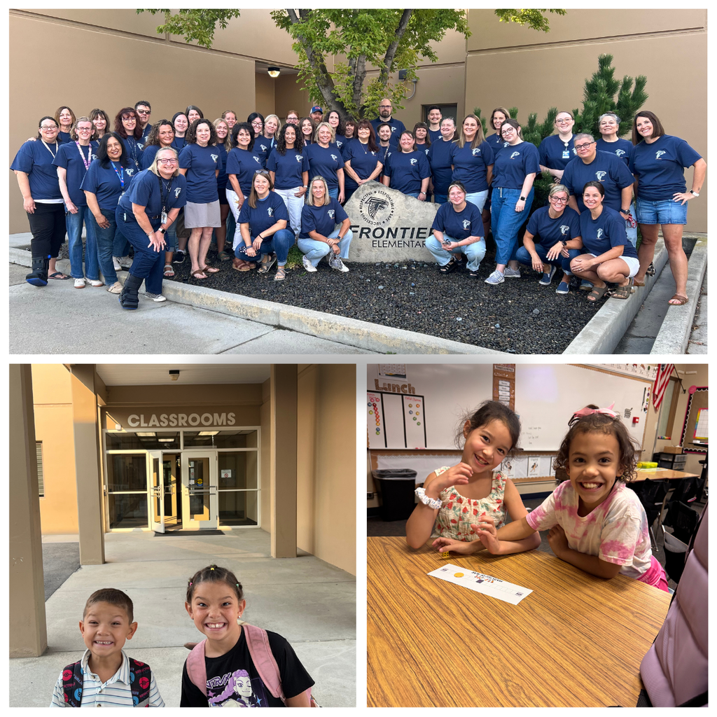 A collage celebrating the beginning of the school year at Frontier Elementary. The top photo shows Frontier staff gathered together in matching Falcon shirts in front of the school sign. Other photos show smiling students arriving with backpacks and young students working and having fun together in their classrooms.