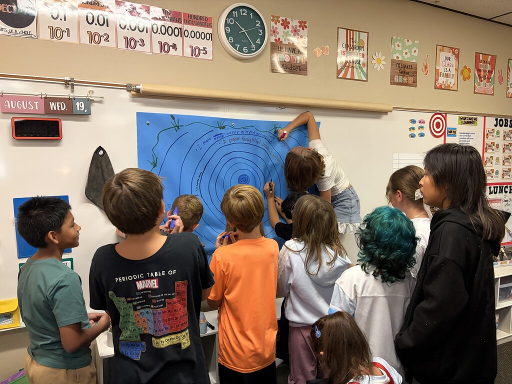 5th graders writing on their "Kindness Ripples" posters with examples of how they spread kindness.