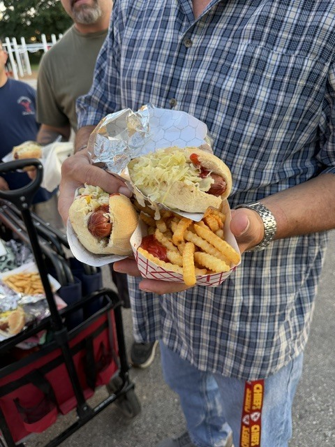 hands holding hotdogs and french fries