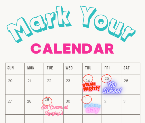 Graphic titled “Mark Your Calendar” with a calendar highlighting upcoming Frontier events: STEAM Night on Thursday, September 24; No School on Friday, September 25; Ice Cream at Lovejoy’s on Tuesday, September 29; and Picture Day on Thursday, October 1.