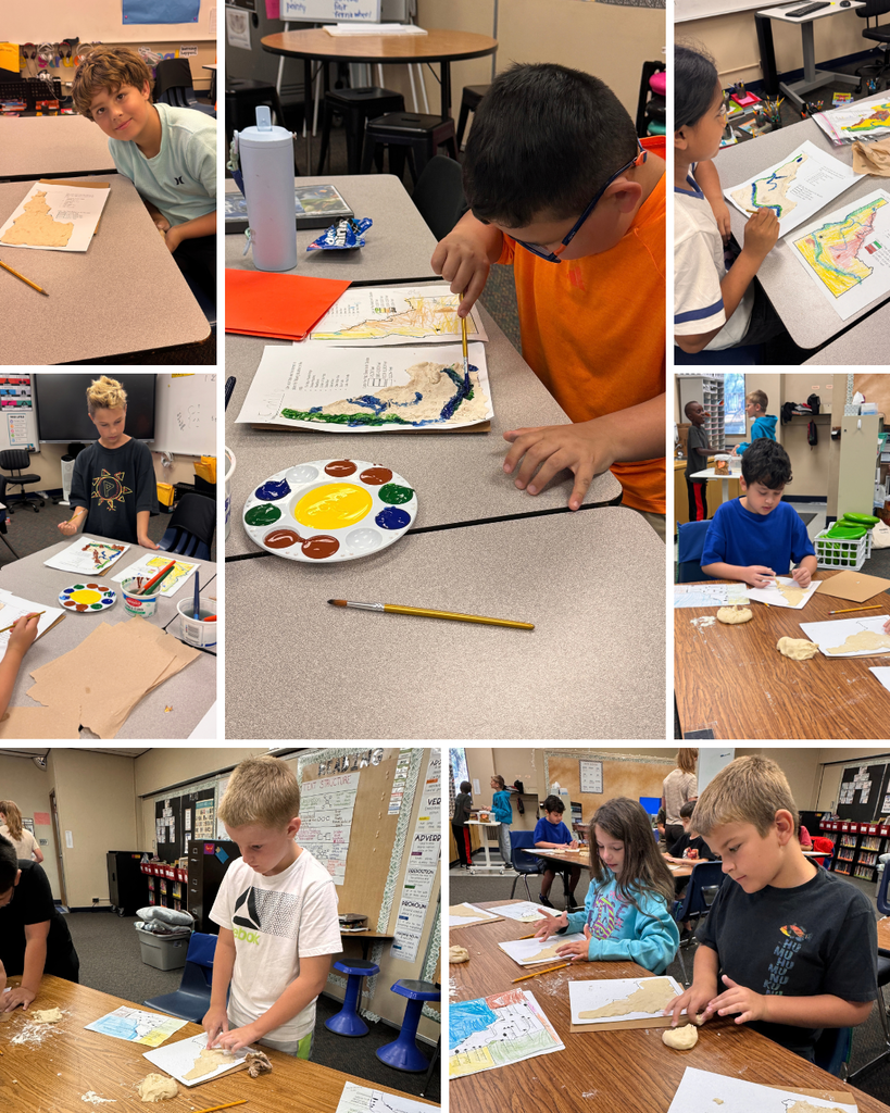 photo collage of 4th graders making and painting their salt dough maps of Idaho