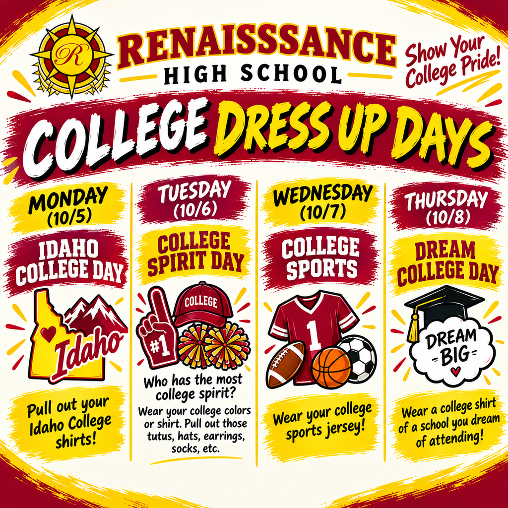 Seniors! Get ready for College Application Week! RHS is hosting College Application Week October 5-8! During the week, Senior students will attend College Application help sessions on October 6 - 7 during English where they will have time to get all their college questions answered. Seniors will complete Apply Idaho and/or other college applications with the help of counselors and college reps. If seniors have already applied to college, no worries! We will also be completing Scholarship Idaho, discussing financial aid/FAFSA, requesting high school transcripts to send to colleges, and much more! 