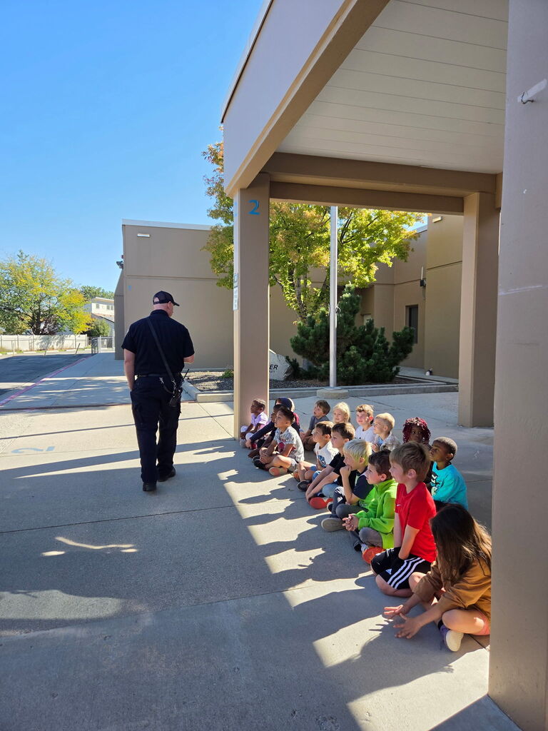 Boise Fireman talking to first graders about fire safety. 