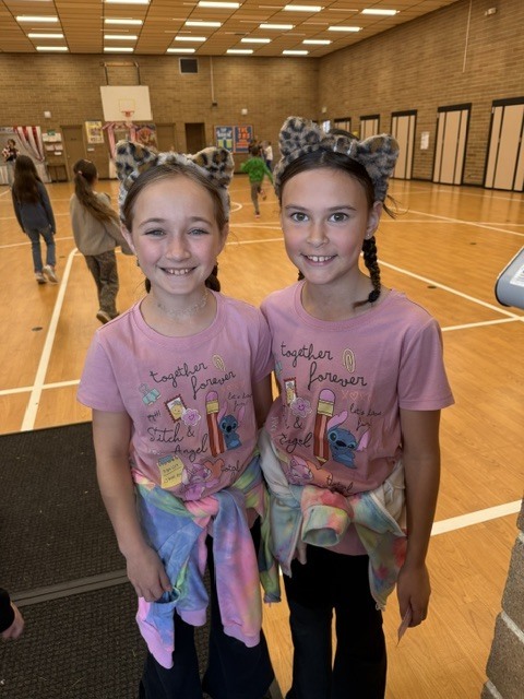 two girls wearing matching pink shirts and cheetah headbands