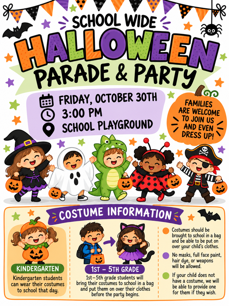 A colorful Halloween Parade & Party flyer featuring cheerful children dressed as a witch, ghost, dinosaur, ladybug, and pirate, surrounded by pumpkins and Halloween decorations. The school-wide celebration will take place Friday, October 30th, at 3:00 PM on the school playground. Families are welcome to attend and dress up. Kindergarten students may wear costumes to school. Students in grades 1–5 should bring costumes in a bag and put them on over their clothes before the party. Masks, full face paint, hair dye, and weapons are not allowed. Costumes will be available for students who need one.