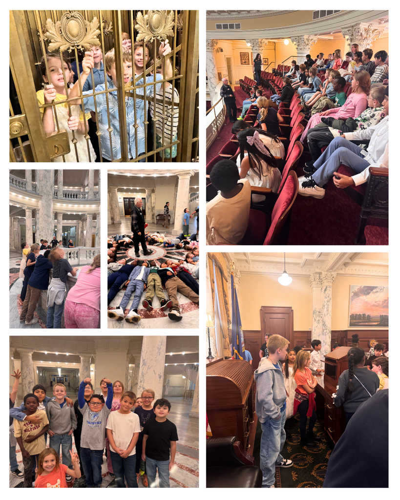 Frontier fourth graders explore the Idaho State Capitol during their field trip. Photos show students listening to a presentation from the balcony overlooking a legislative chamber, exploring the building's marble hallways, posing for group pictures, standing behind decorative metal gates, and visiting a legislative chamber. One photo captures students lying in a circle on the Capitol's marble floor.