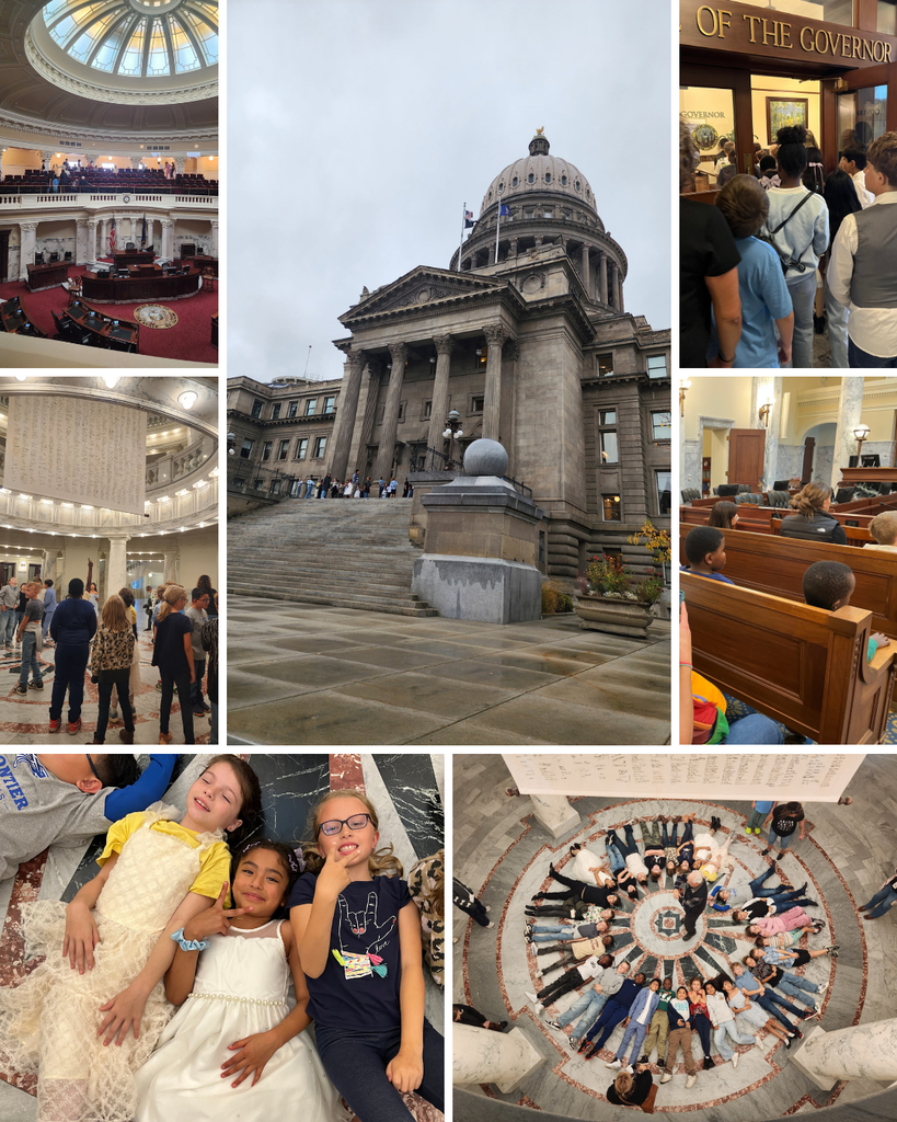 A collection of photos from Frontier Elementary's fourth-grade field trip to the Idaho State Capitol. Photos show the Capitol's impressive exterior and dome, the legislative chambers, students visiting the Governor's Office, and students exploring the beautiful marble interior. In two photos, students lie on the Capitol's patterned floor, forming a circle for a fun group picture.