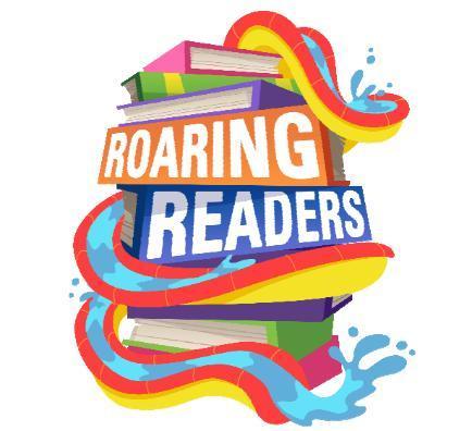 stack of books with text "Roaring Readers"